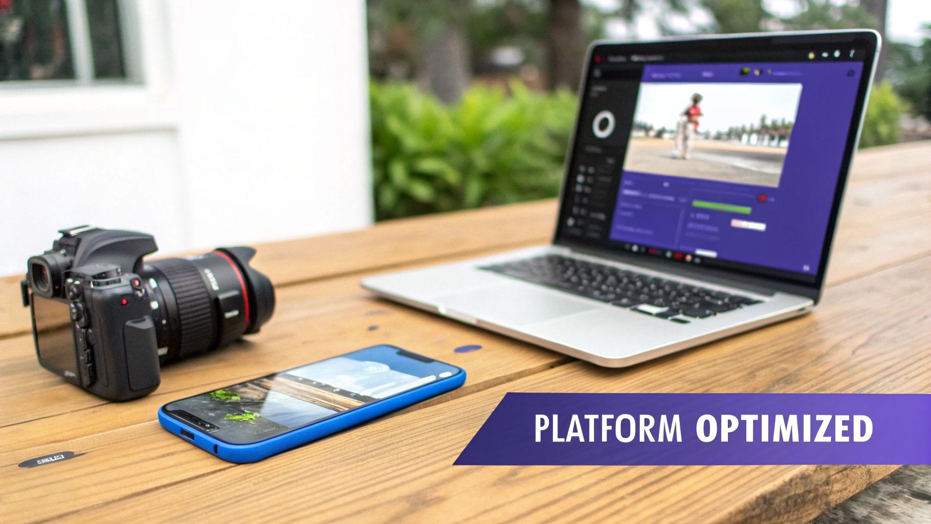 Digital content creation tools: camera, smartphone, and laptop, optimized for various platforms.