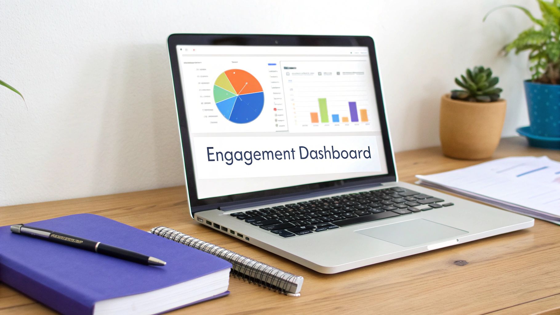 A laptop displays an 'Engagement Dashboard' with pie and bar charts, beside notebooks and plants on a wooden desk.