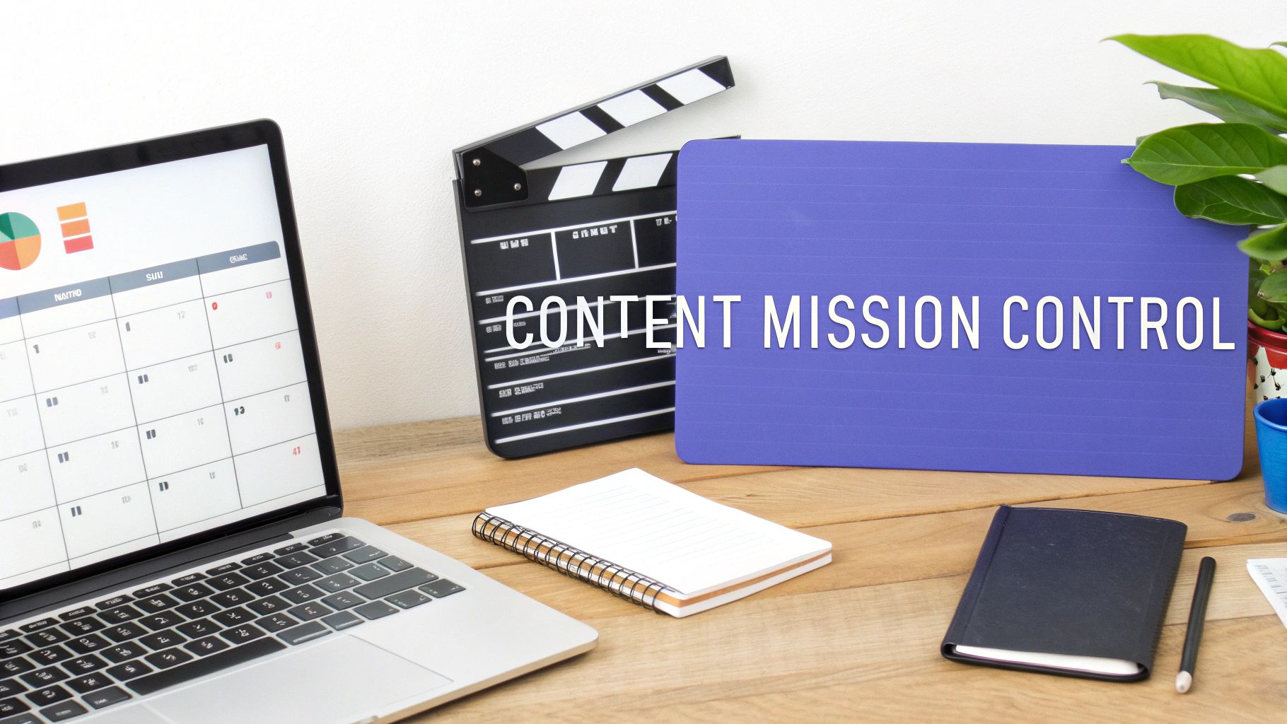 Content mission control workspace with laptop calendar, film clapperboard, and notebook on wooden desk