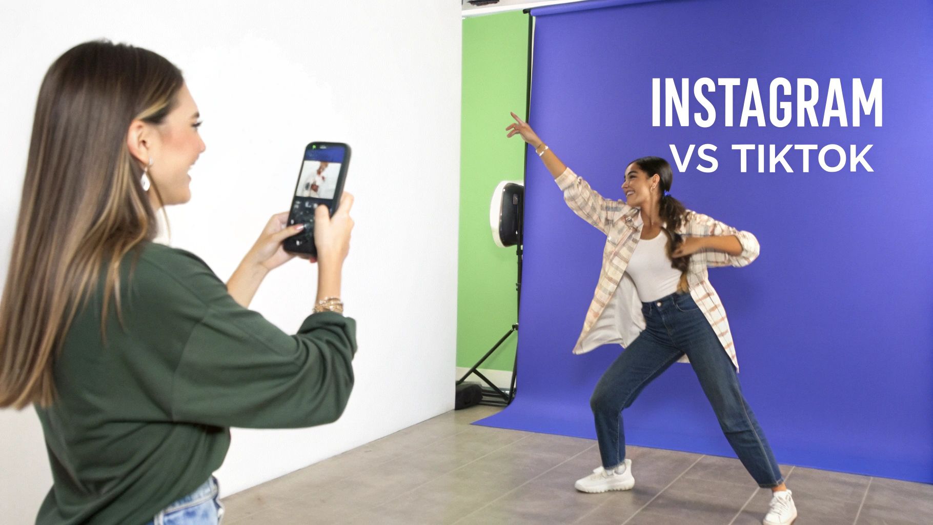 Two women in a studio, one filming the other dancing in front of 'Instagram vs TikTok' text.