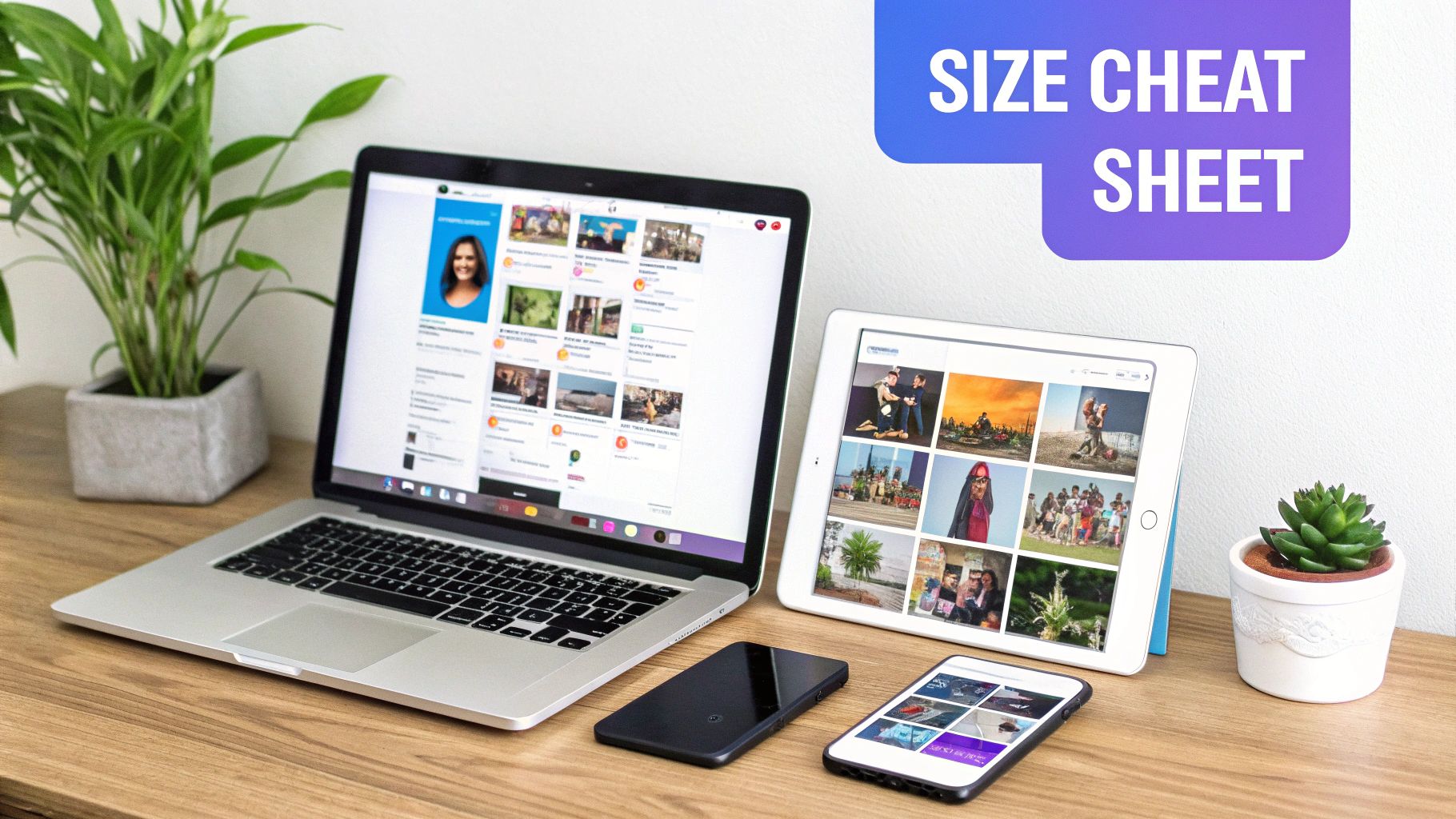 A laptop, tablet, and two smartphones display various images on a wooden desk, with a 'Size Cheat Sheet' graphic.