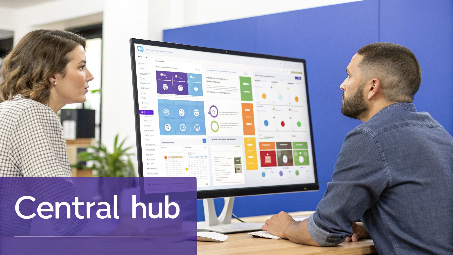 Two professionals review data on a central hub dashboard, collaborating in a modern office.