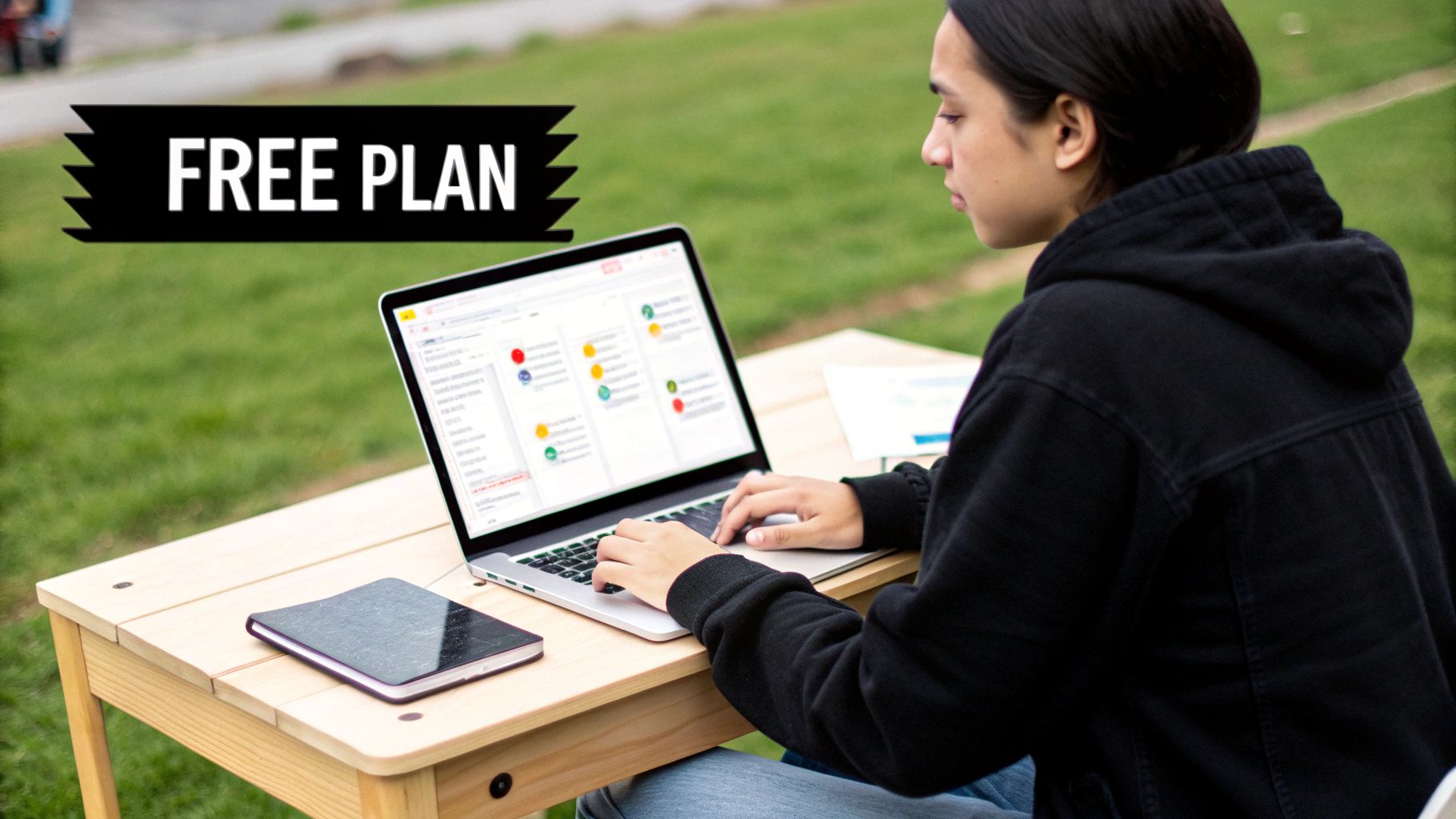 A person works on a laptop outdoors on a wooden table, with a prominent 'FREE PLAN' banner.