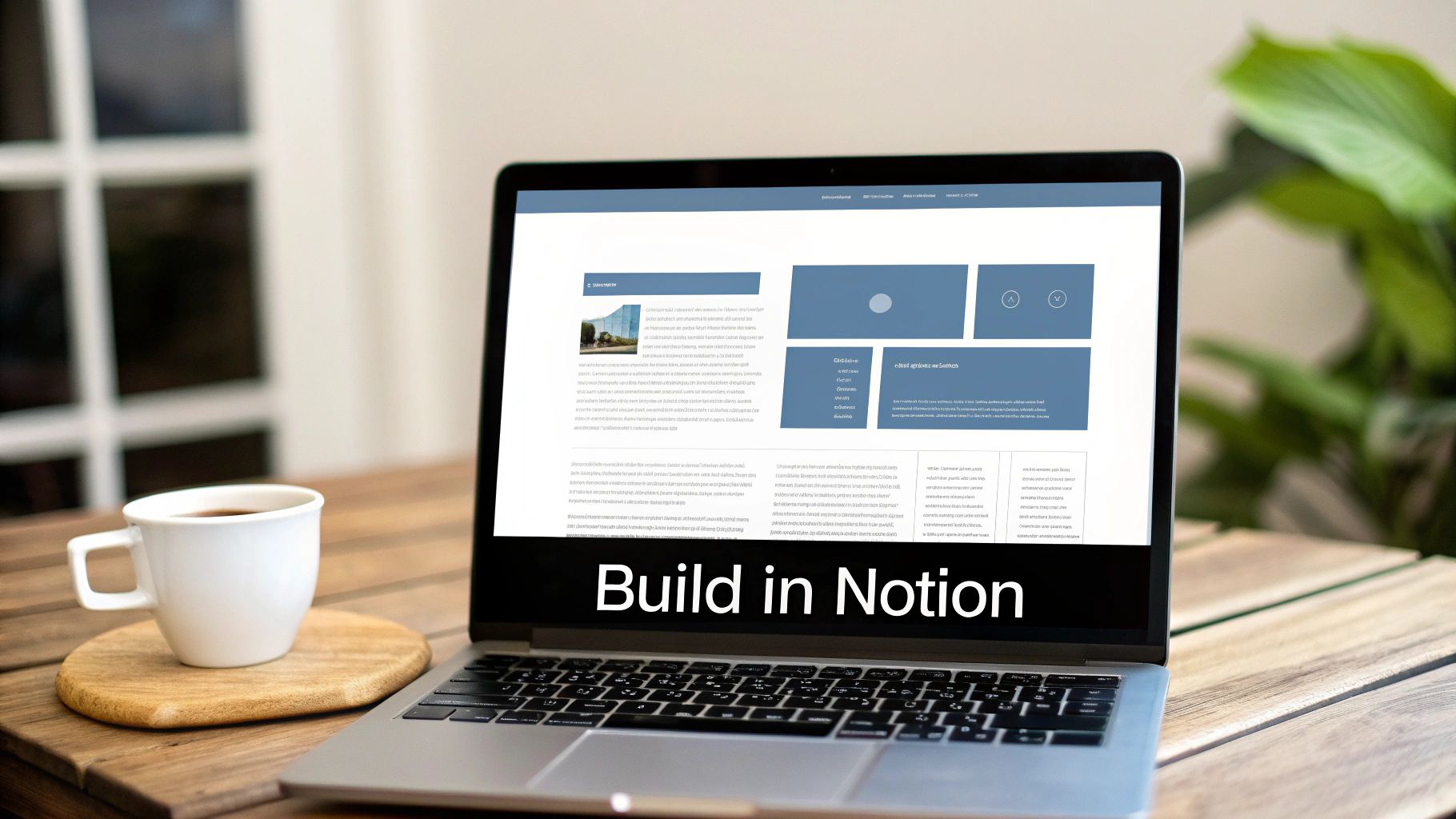 A laptop displaying a Notion page with content, next to a coffee cup on a wooden table.