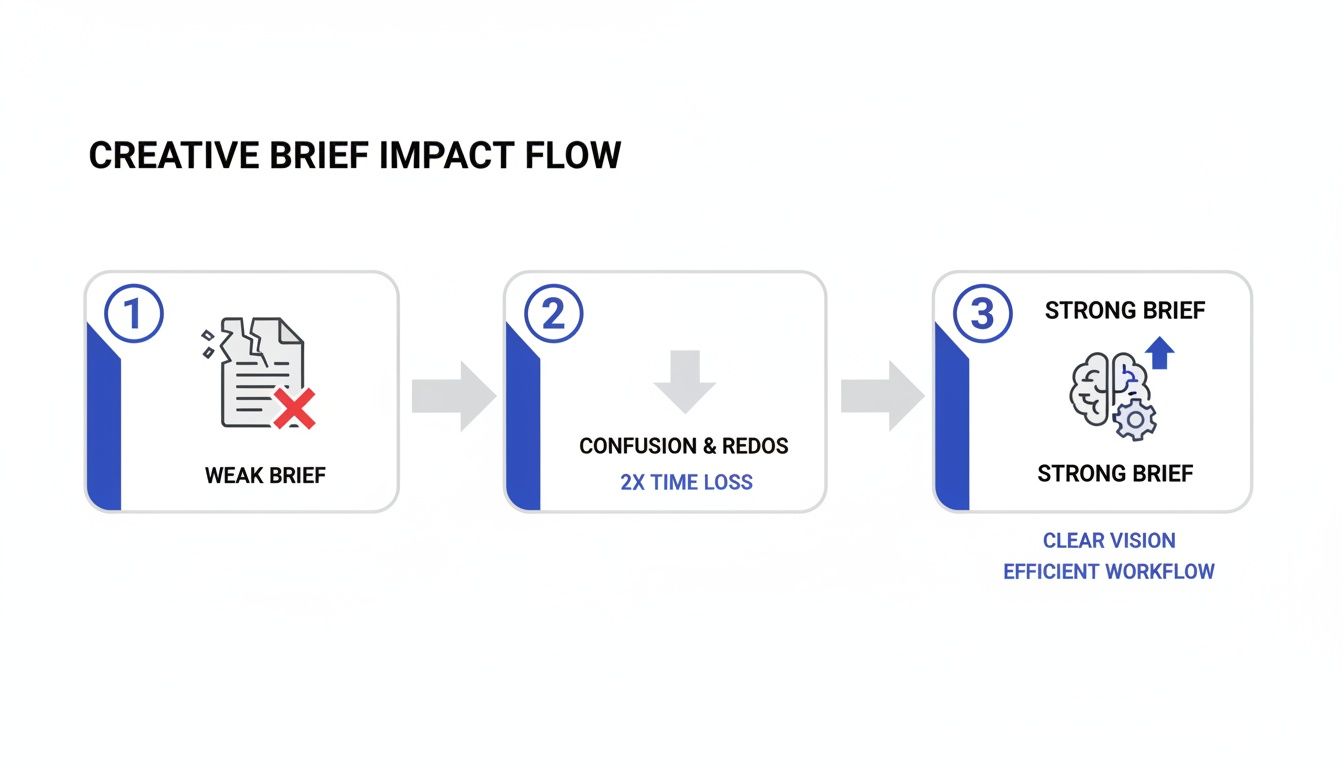 Flowchart illustrating the creative brief impact: weak briefs cause confusion and time loss, strong briefs lead to efficient workflow.
