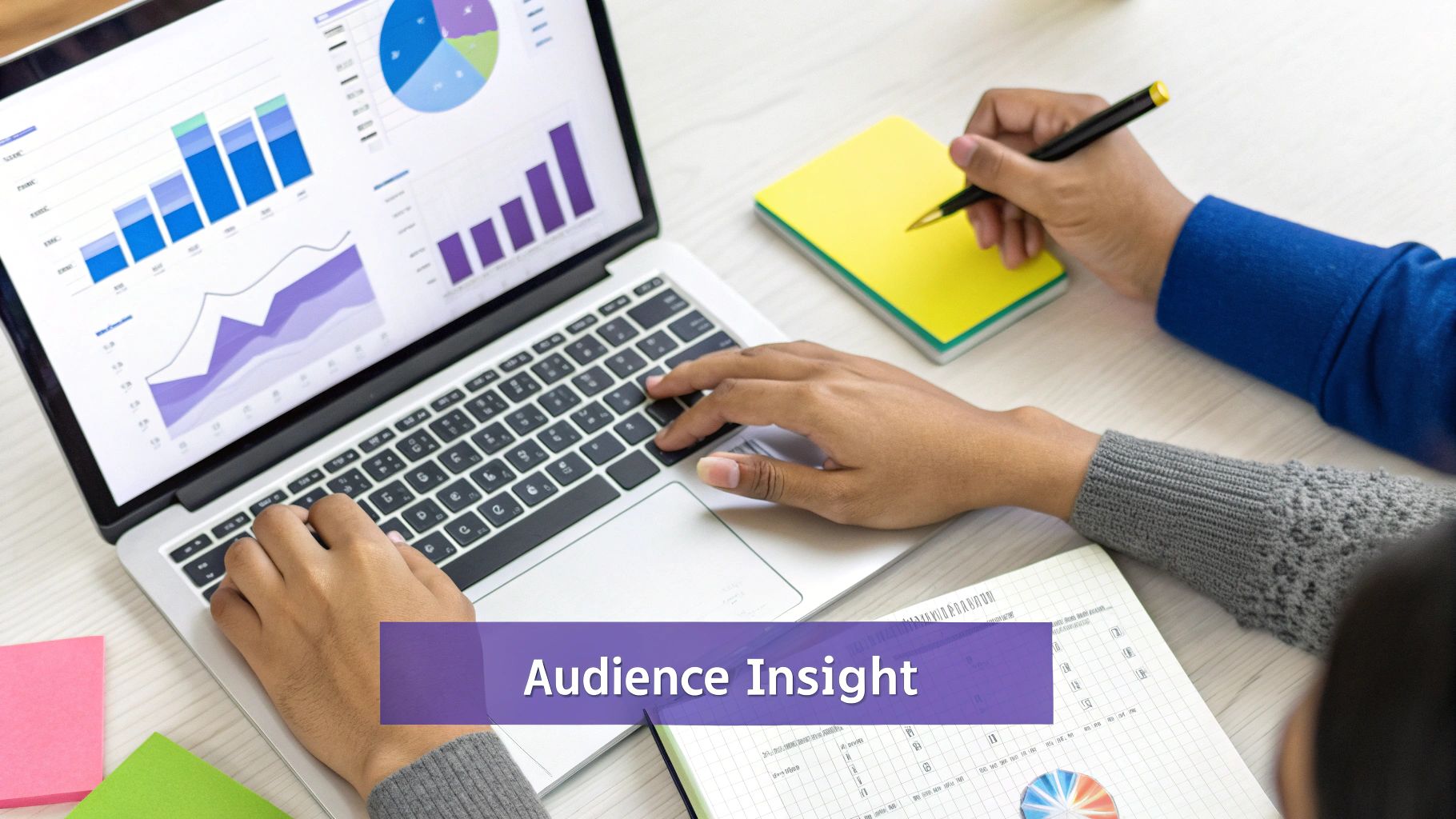 Two people collaboratively analyzing data and graphs on a laptop, taking notes for audience insight.
