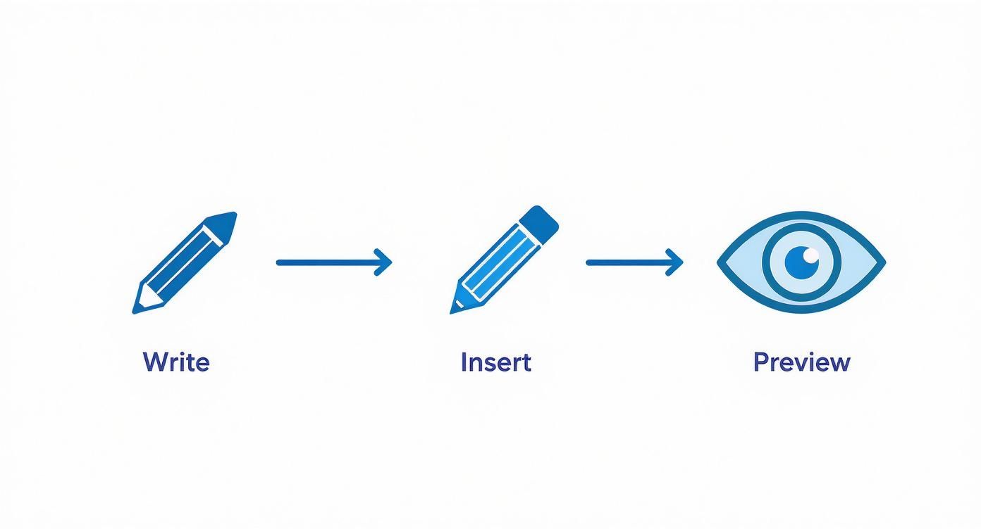 An infographic illustrating the email design process with icons for writing, inserting placeholders, and previewing.
