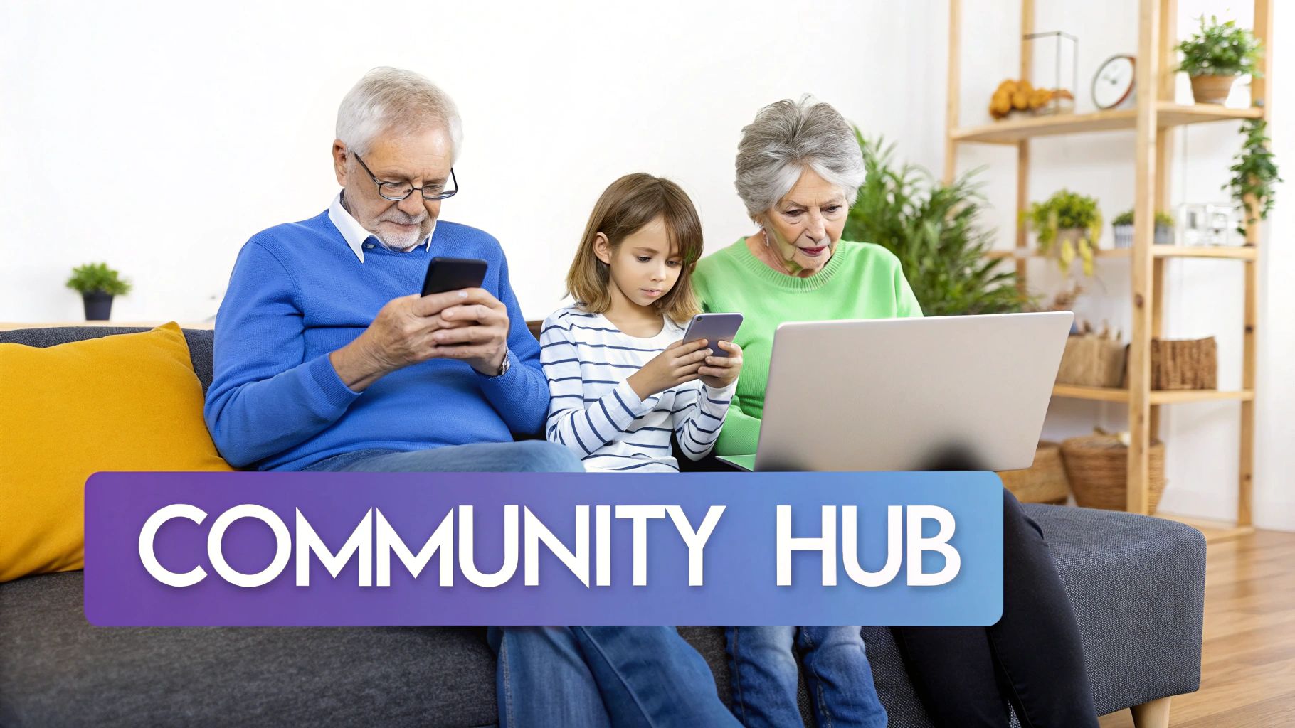 Three generations, including seniors and a child, are engaged with smartphones and a laptop on a couch.