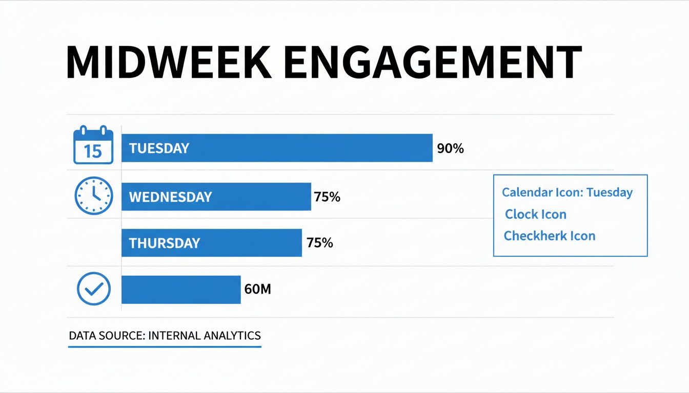 Bar chart displaying midweek engagement data: Tuesday 90%, Wednesday 75%, and Thursday 75%.