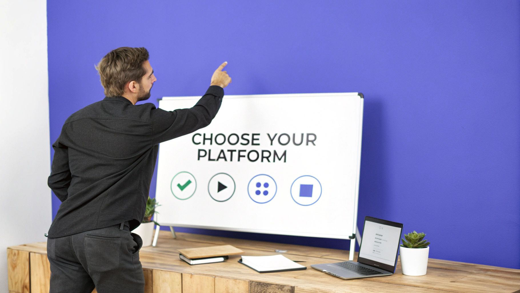 A man points at a whiteboard displaying 'CHOOSE YOUR PLATFORM' with various app icons, on a wooden desk.