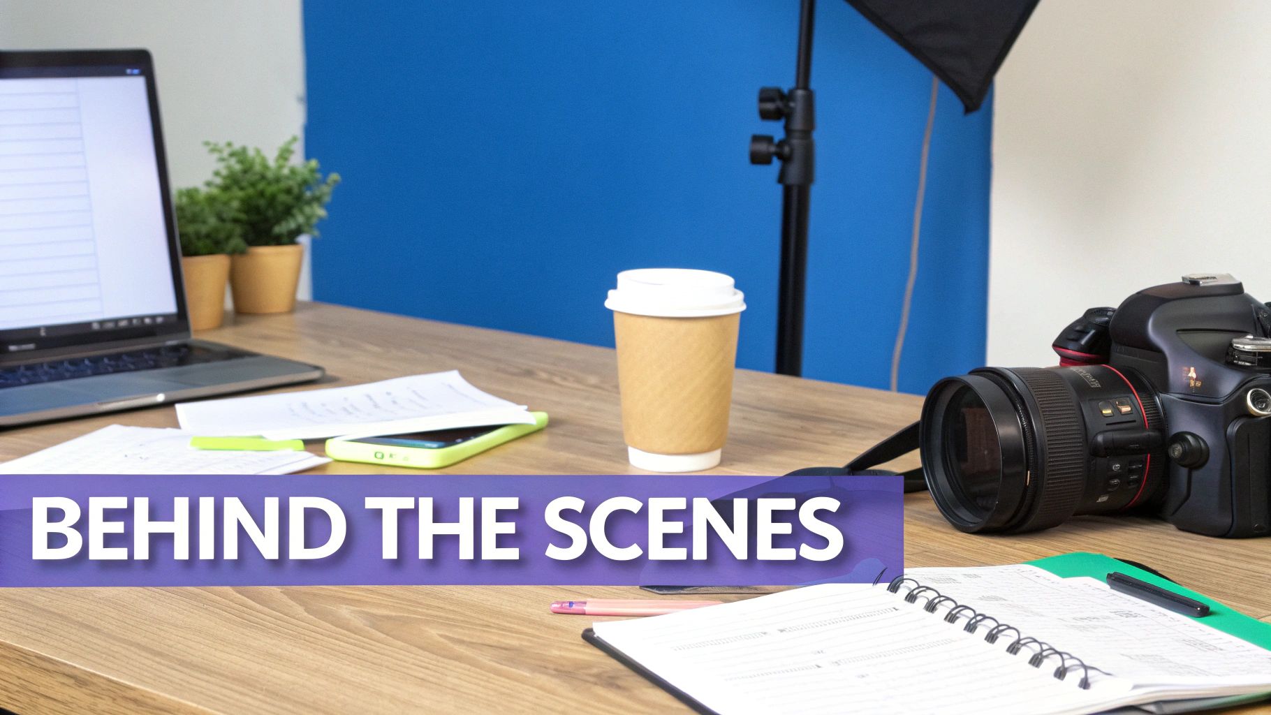 A desk with a laptop, camera, coffee, and notes, featuring a 'Behind The Scenes' banner.