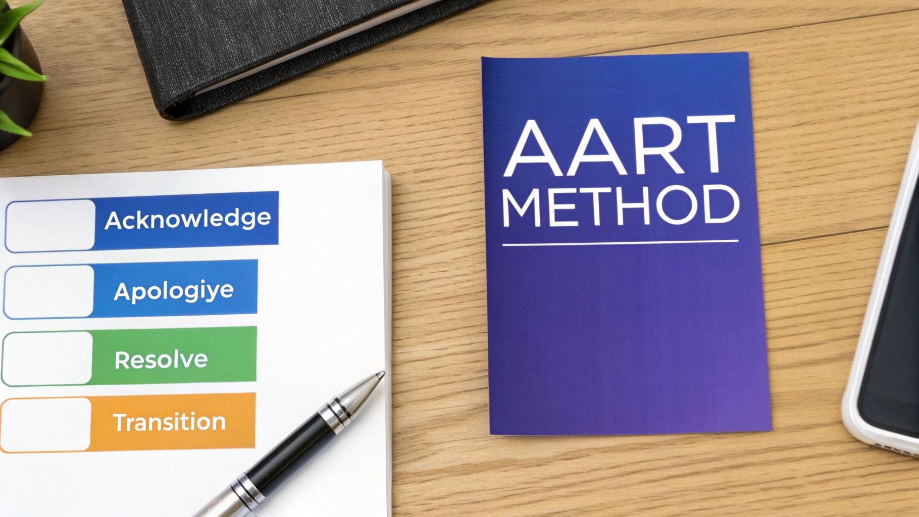 A desk setup featuring an 'AART METHOD' notebook and a list of communication steps: 'Acknowledge', 'Apologiye', 'Resolve', 'Transition'.