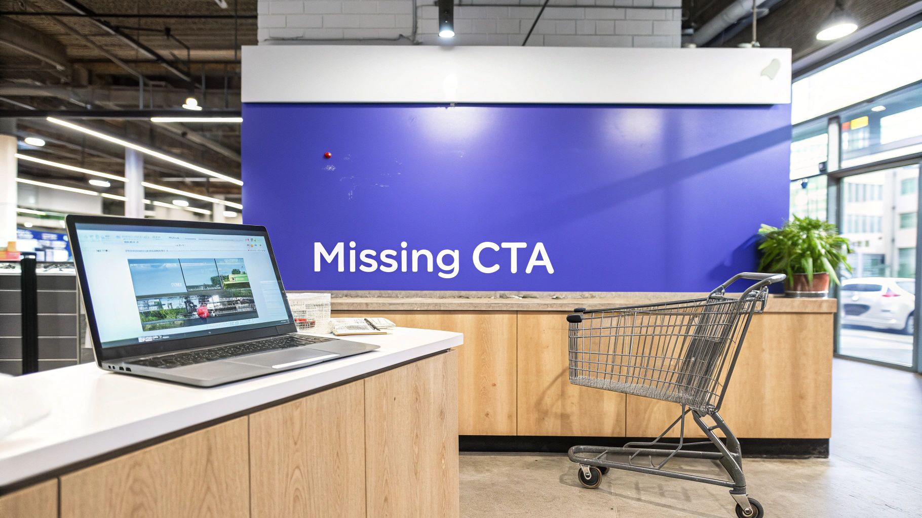 A laptop on a counter, a shopping cart, and a blue wall with 'Missing CTA' text.
