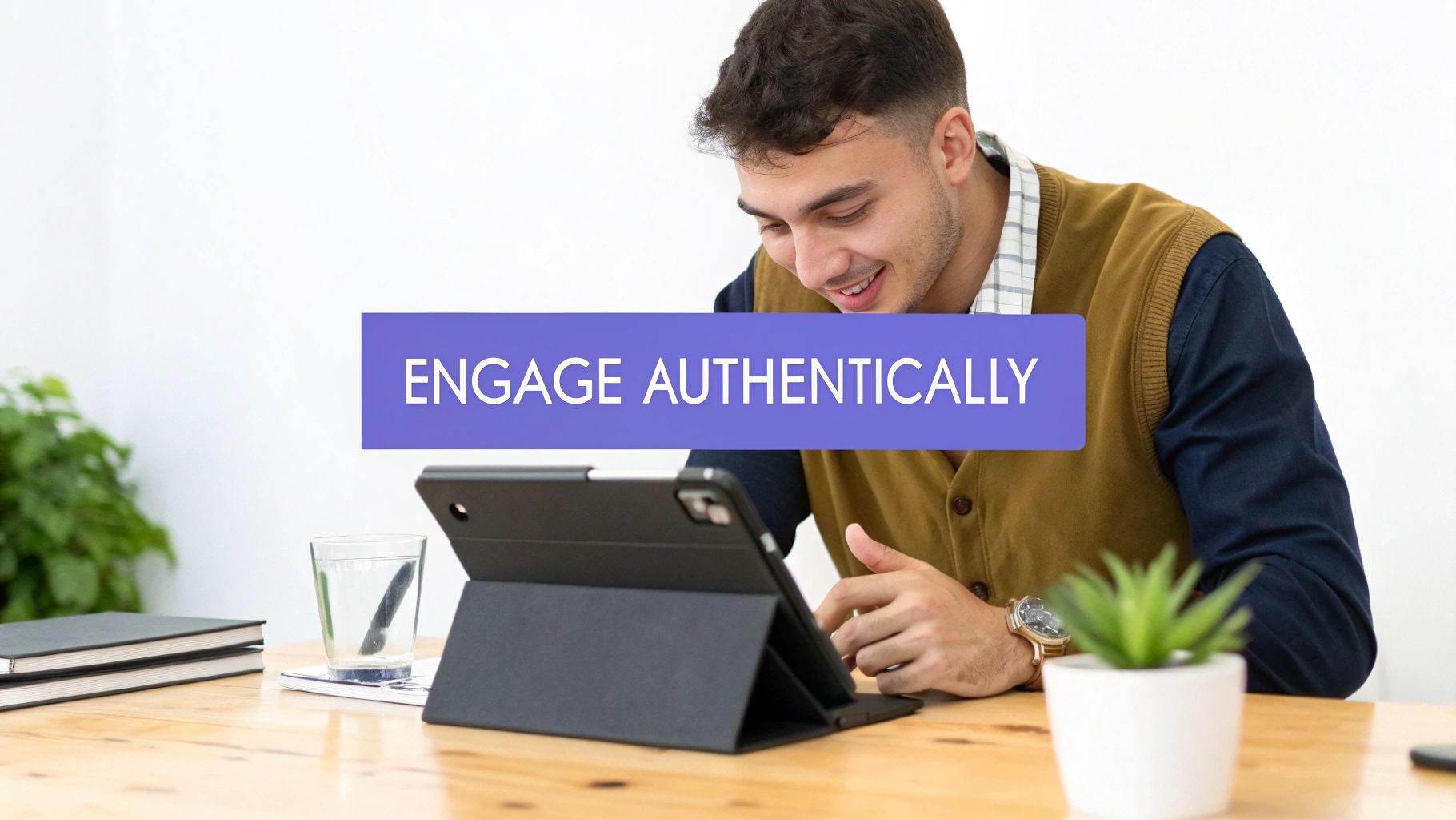 A smiling young man engages with a tablet at a desk, with an overlay text 'ENGAGE AUTHENTICALLY'.