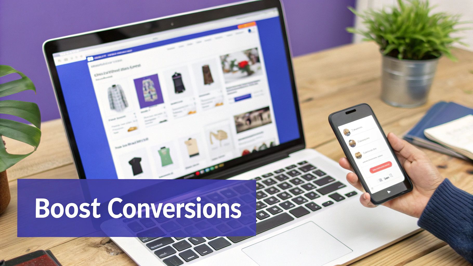 Person viewing an e-commerce website on a laptop and a social app on a smartphone, boosting online conversions.