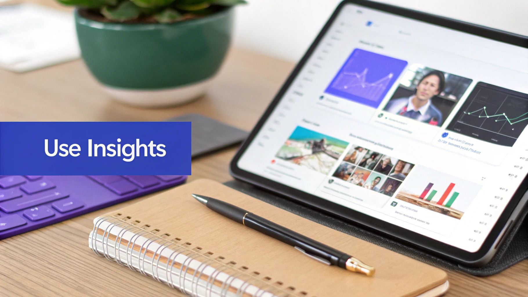 A person sitting on a couch, using a laptop to review colorful charts and graphs on a social media analytics dashboard.