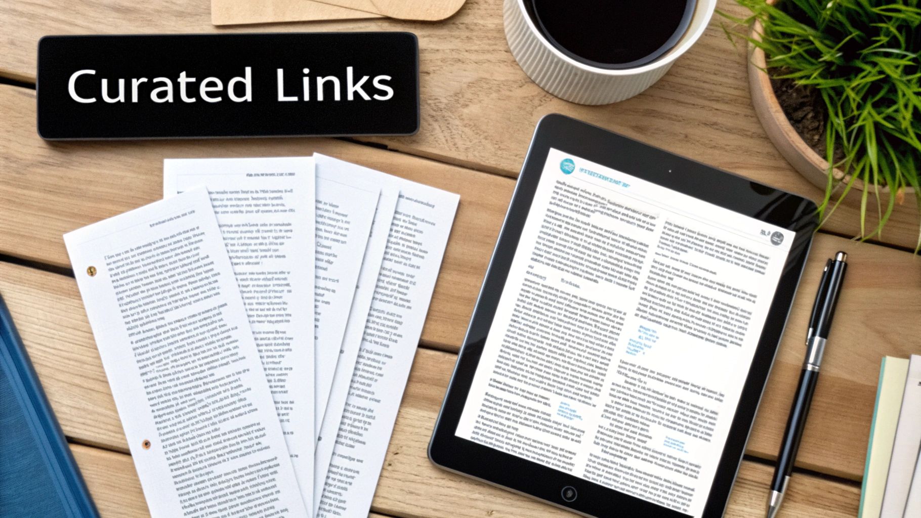 Flat lay of a wooden desk featuring a 'Curated Links' sign, papers, a tablet, coffee, and a plant.