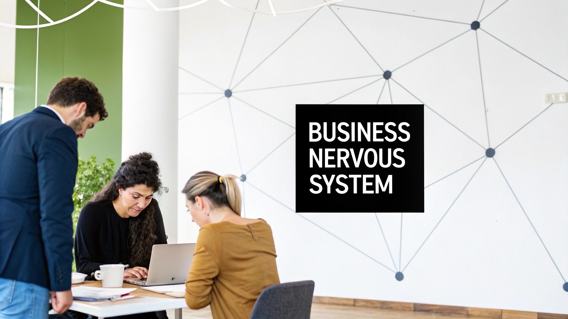 A team collaborating around a digital workflow on a large screen, illustrating business process management.