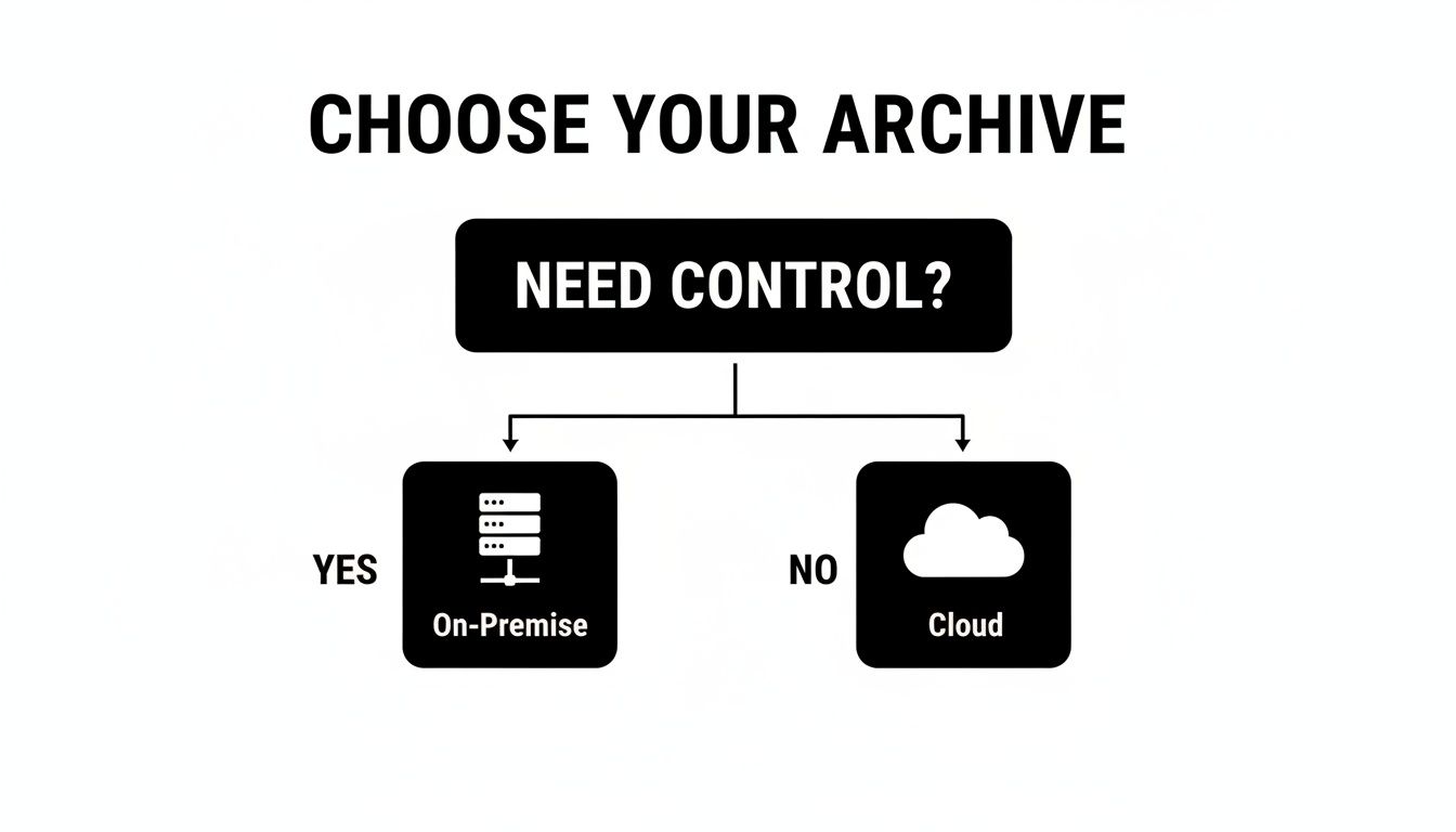Flowchart for choosing an archive solution. 'Need Control?' question leads to On-Premise (Yes) or Cloud (No).