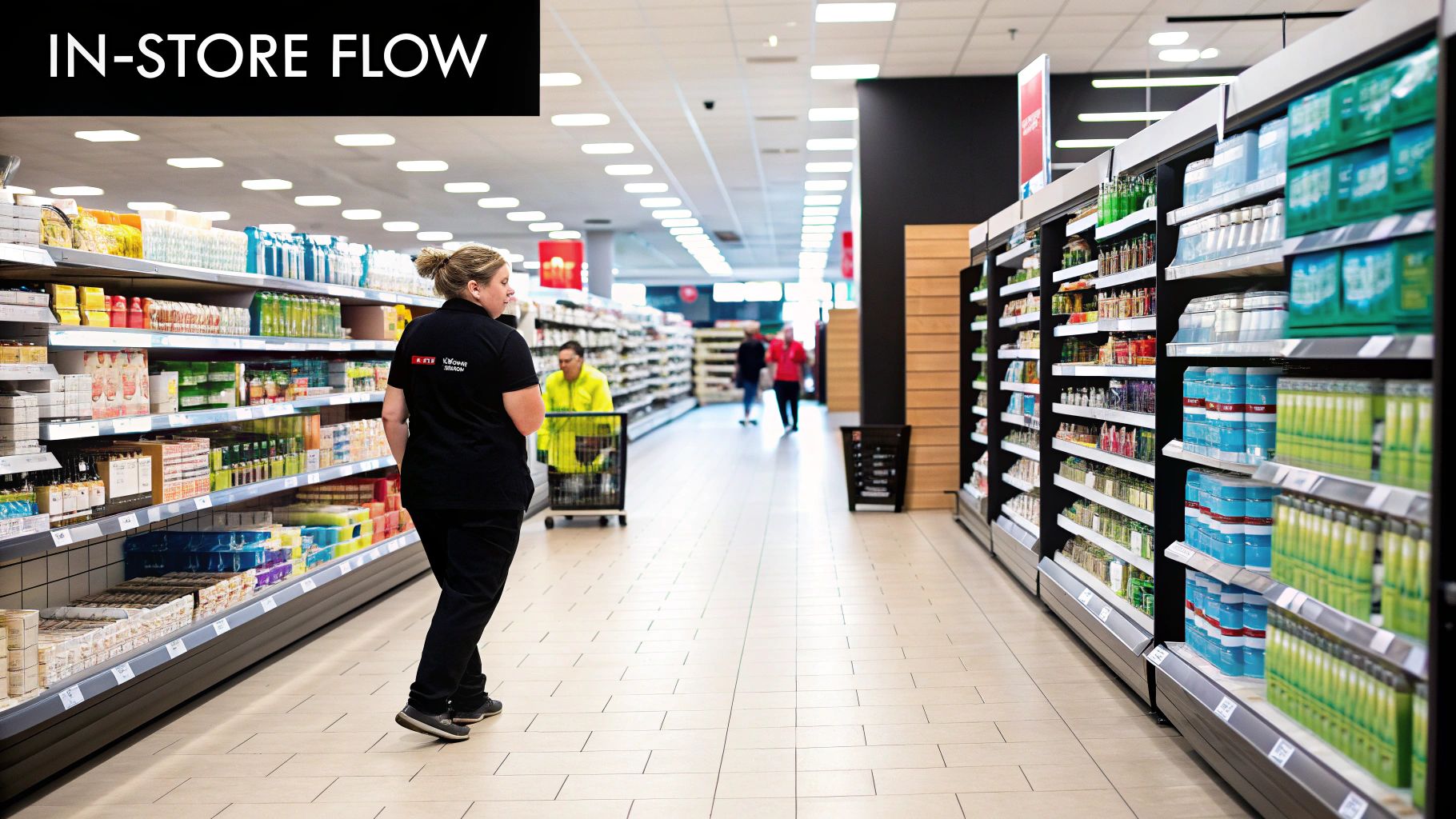 A store employee walks down a brightly lit supermarket aisle filled with various products.