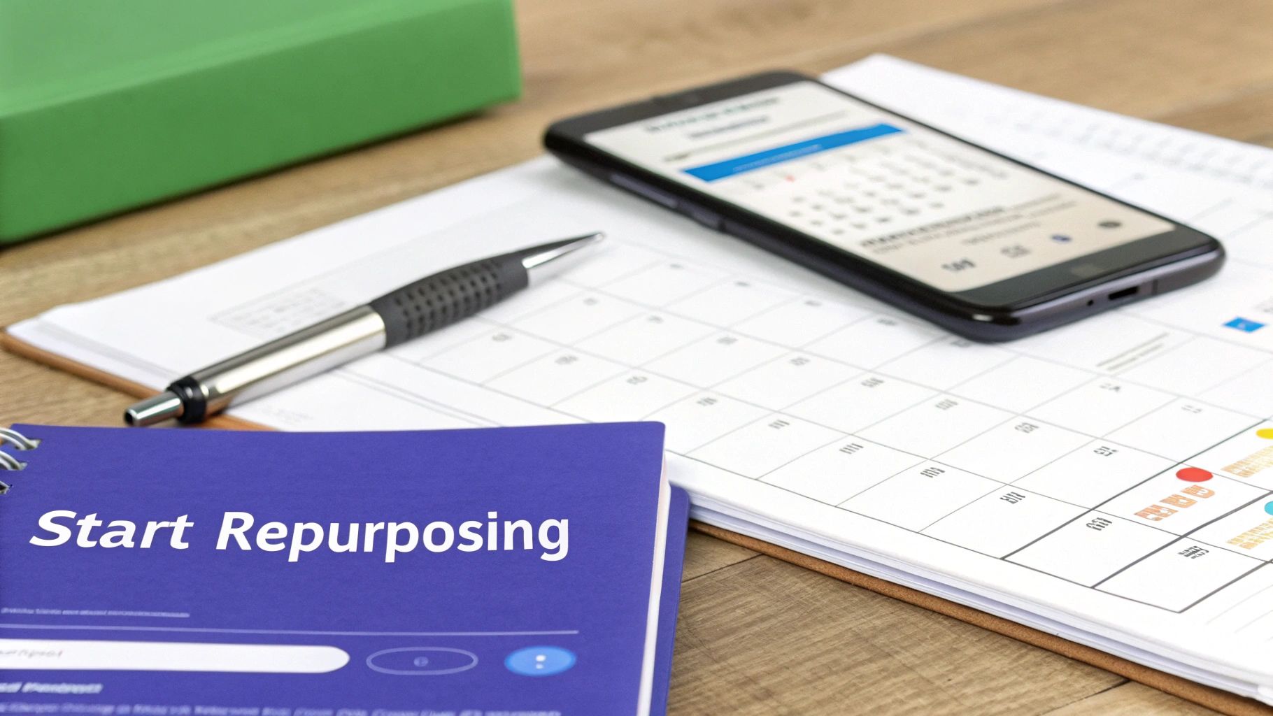 Close-up of a 'Start Repurposing' notebook, pen, smartphone with calendar app, and desk calendar.