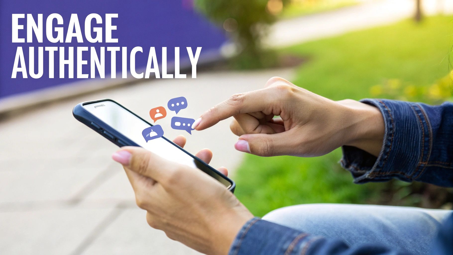 A person's hands holding a smartphone with chat bubbles and text 'Engage Authentically'.
