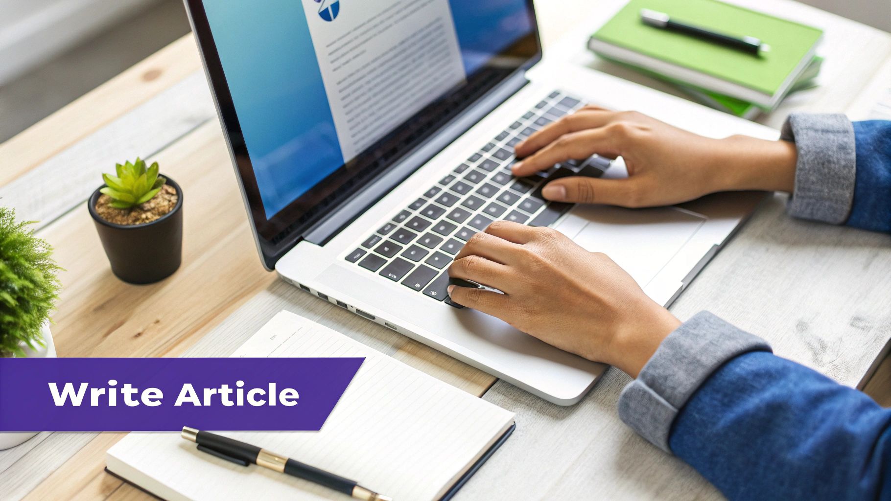 Hands typing on a laptop showing a document, with plants and a notebook on a desk.