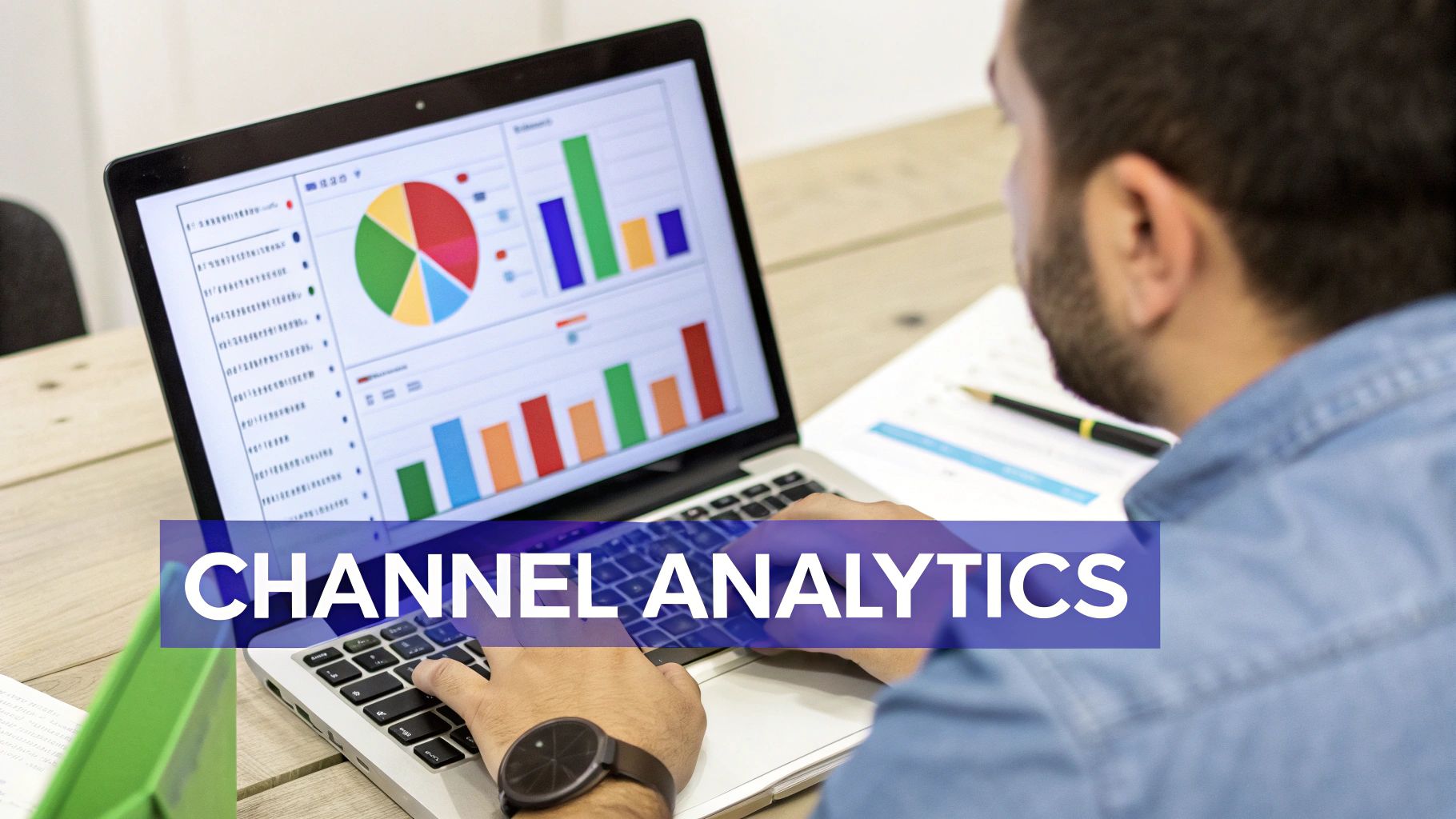 A person analyzing channel analytics on a laptop with various charts and graphs displayed.