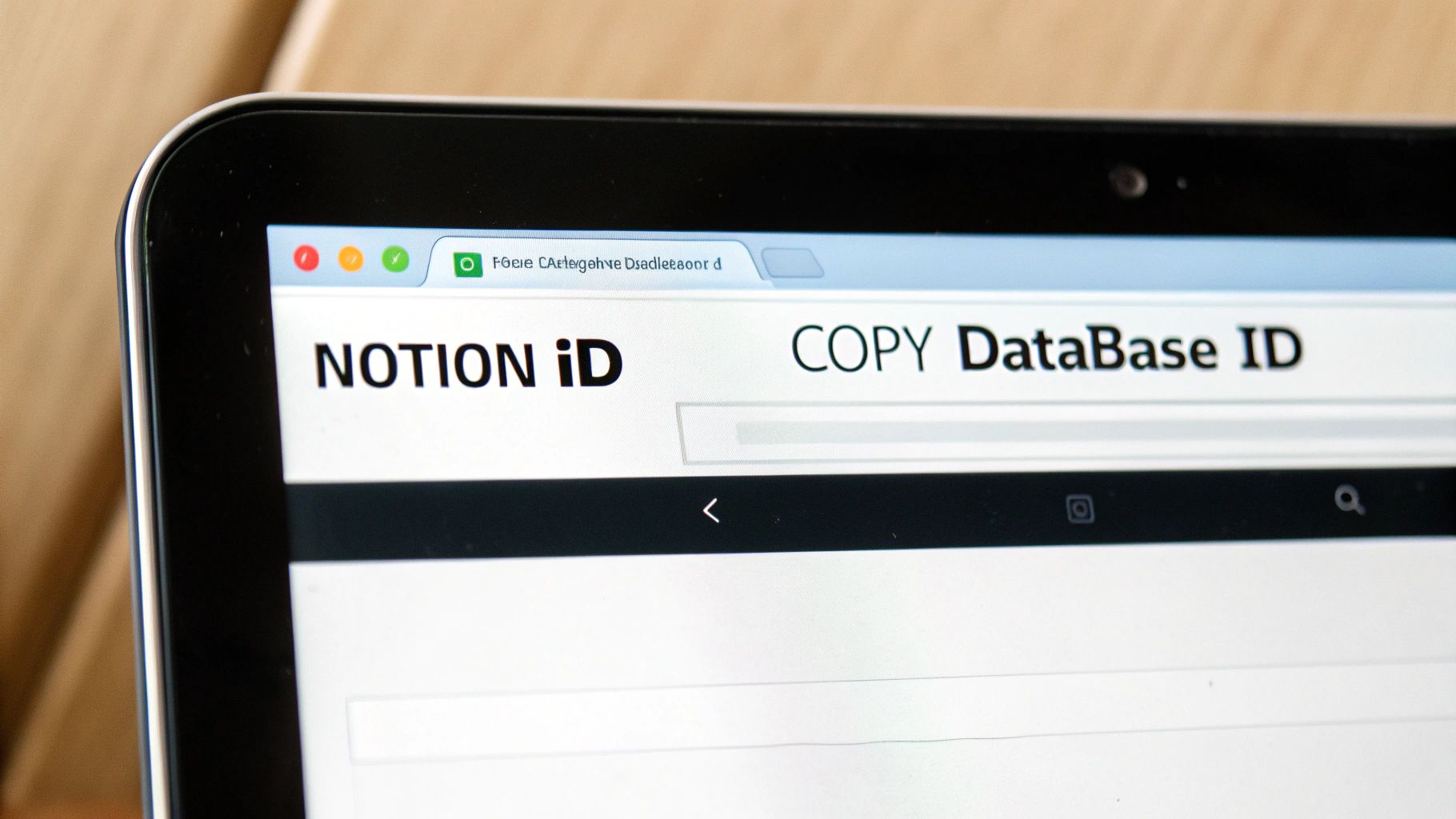 Close-up of a laptop screen displaying a Notion page with 'NOTION ID' and 'COPY DataBase ID' text.