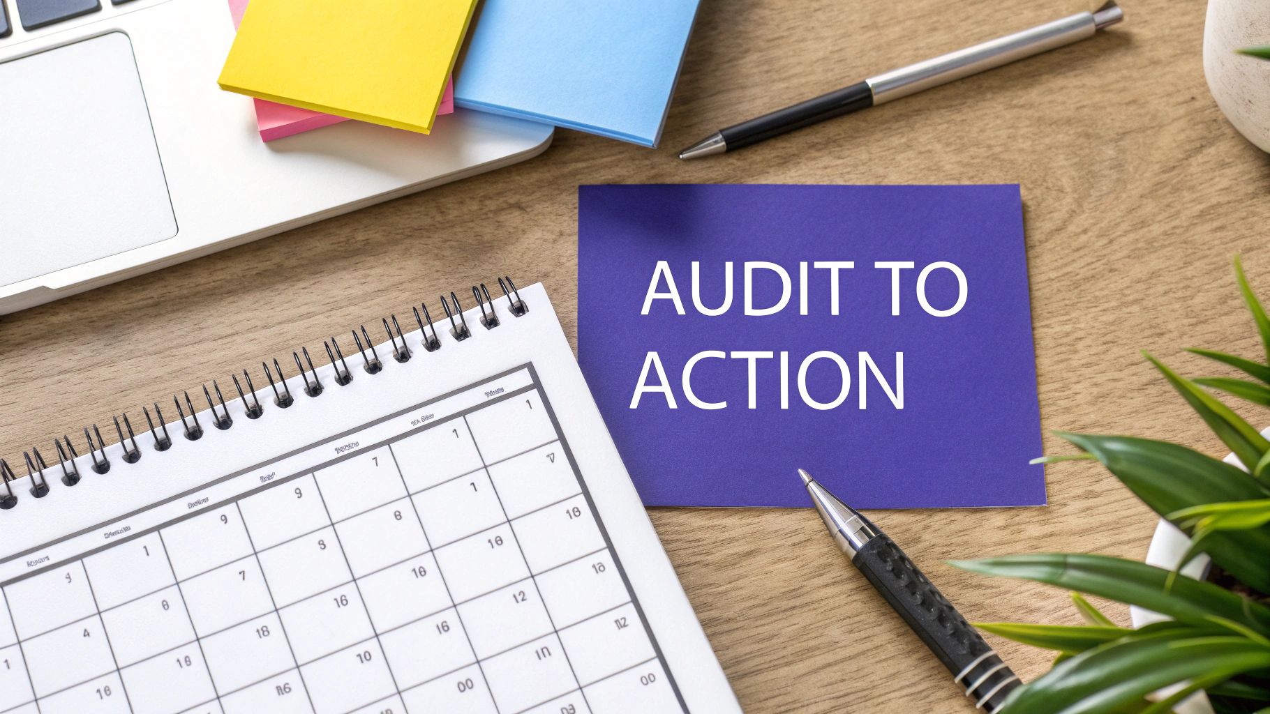 An overhead shot of a desk with a laptop, calendar, pens, and a sticky note reading 'AUDIT TO ACTION'.