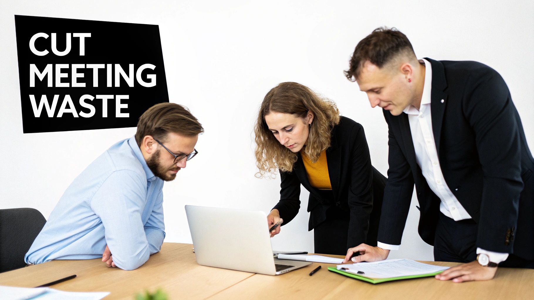 Three business people actively reviewing a laptop and documents on a table, with a 'CUT MEETING WASTE' sign on the wall.