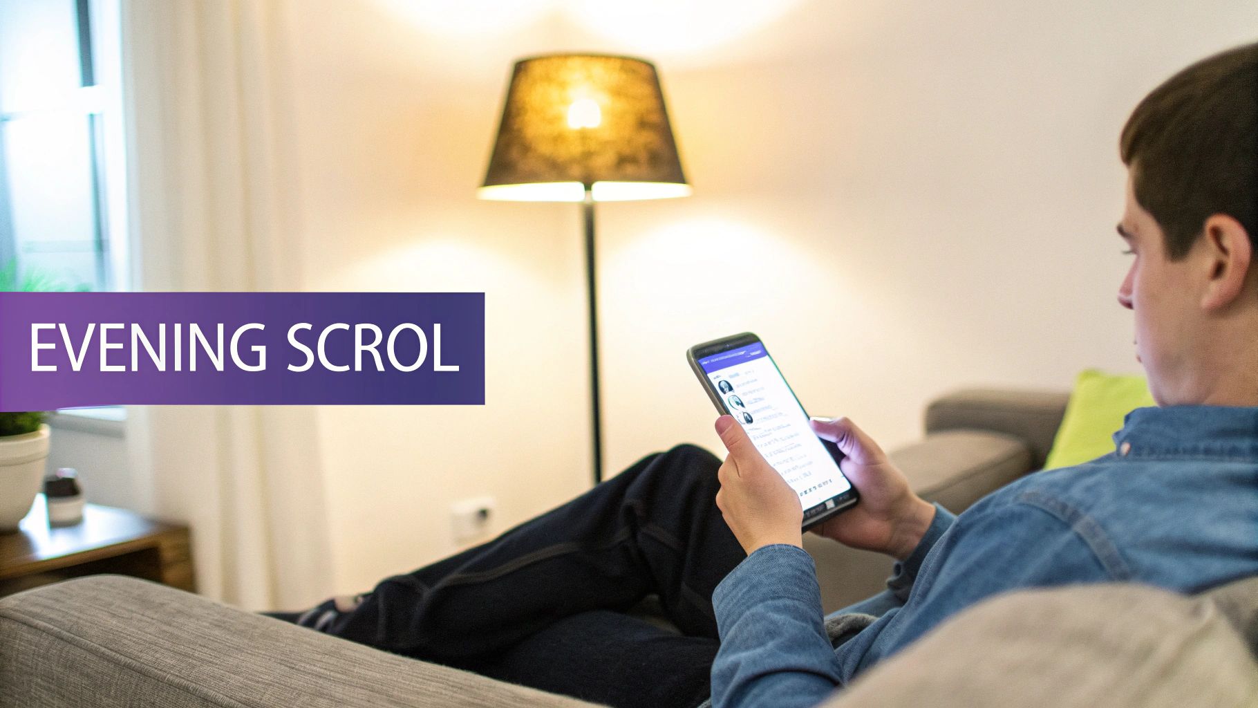 A man in a denim shirt relaxes on a couch, intently scrolling on his smartphone in the evening.