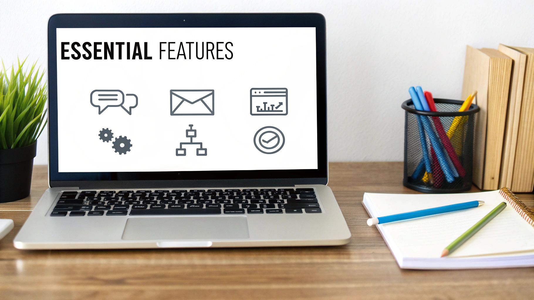 Laptop displaying 'ESSENTIAL FEATURES' and various business-related icons on a wooden desk.