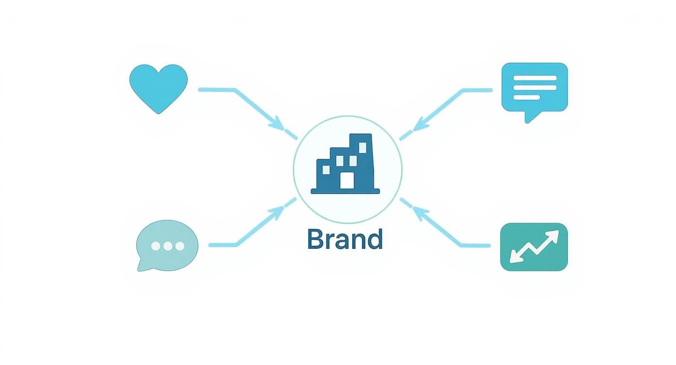Brand building diagram showing building icon connected to heart, messaging, communication, and growth analytics symbols