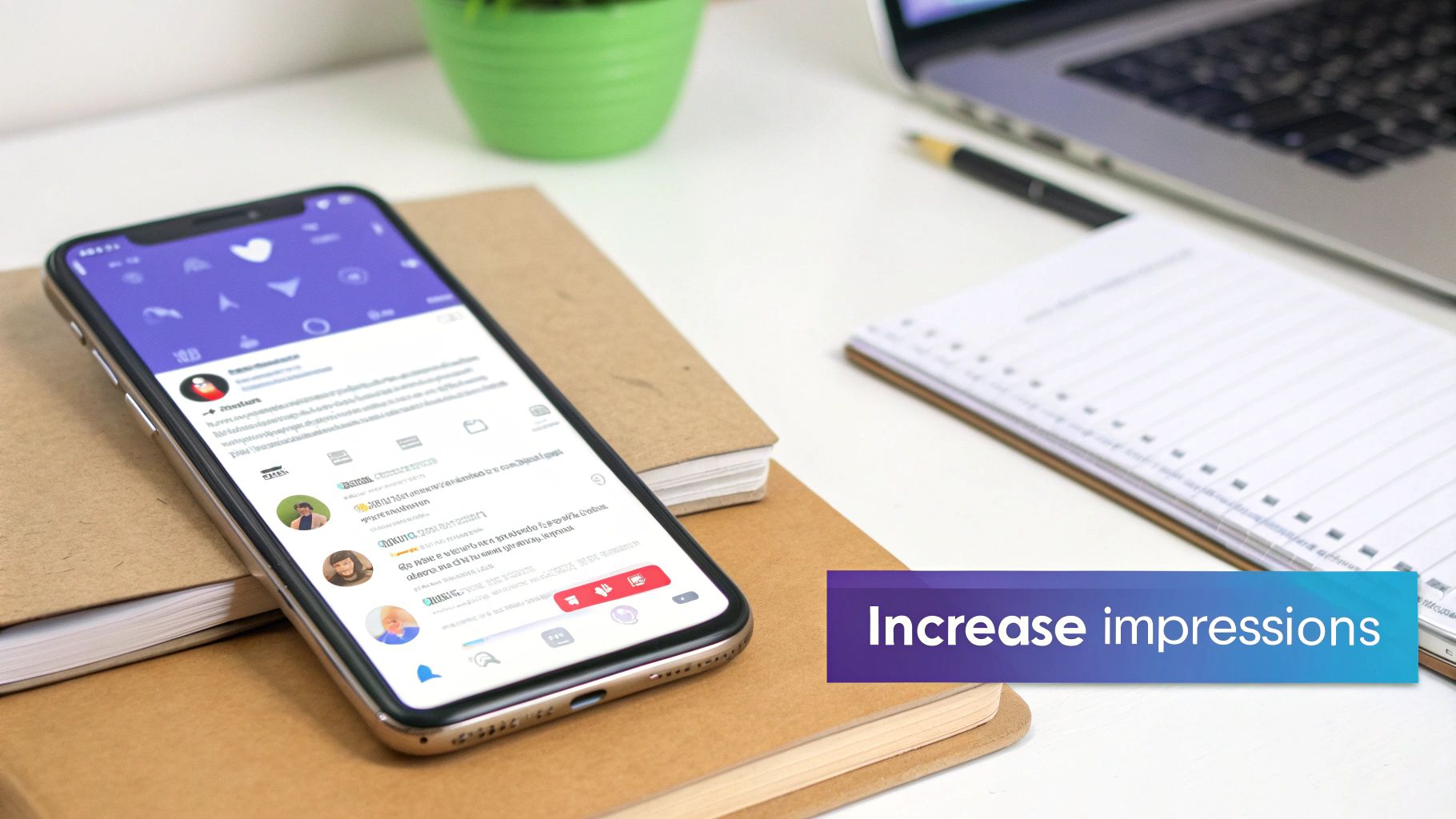 A smartphone displaying a social media feed on a desk with notebooks, a laptop, and 'Increase impressions' text.