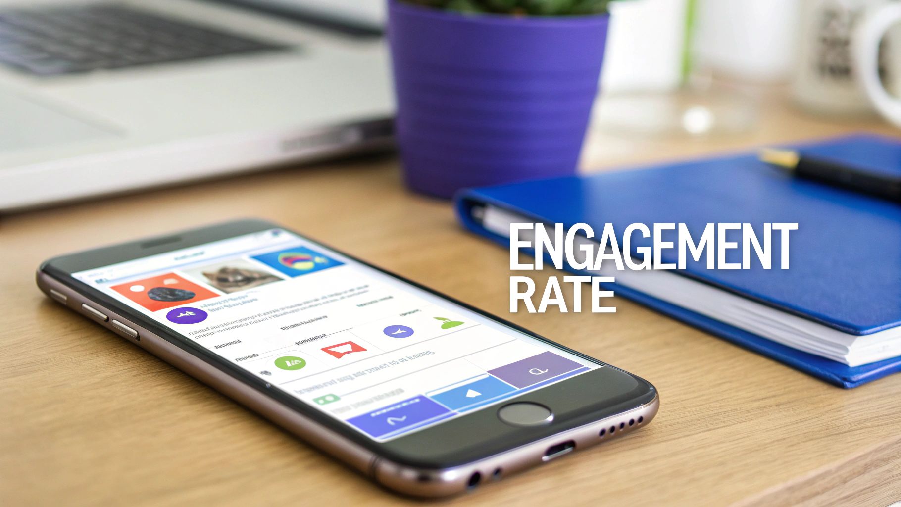 A smartphone on a wooden desk displays social media content with 'Engagement Rate' text overlay.