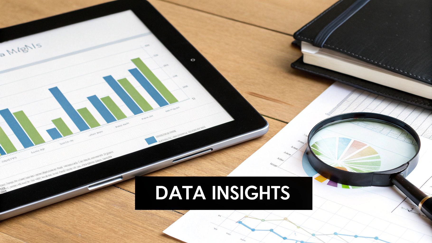 Data analysis tools: a tablet with bar chart, magnifying glass over pie chart, and notebook on a wooden desk.