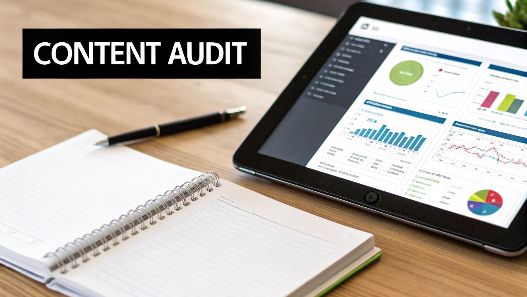 A tablet displaying charts and graphs next to a notebook and pen, with 'CONTENT AUDIT' text overlay.