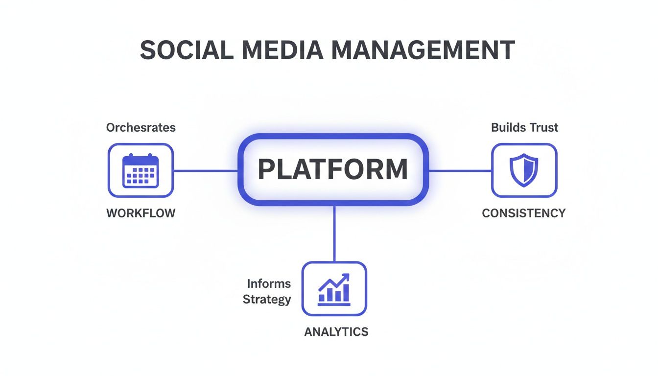 Diagram showing how a social media management platform orchestrates workflow, builds trust, and informs strategy.