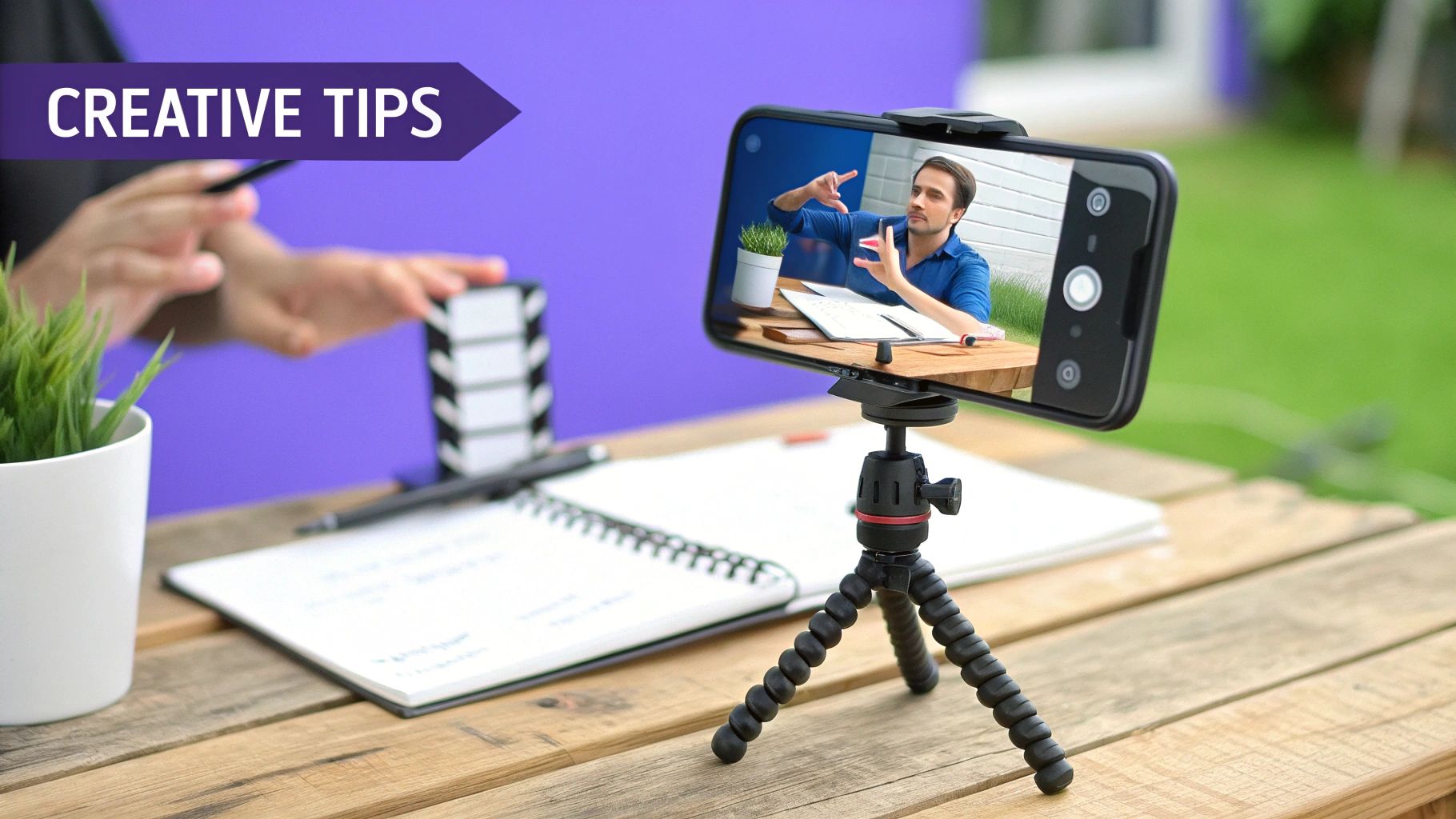 A smartphone on a tripod recording a man giving creative tips for video content.