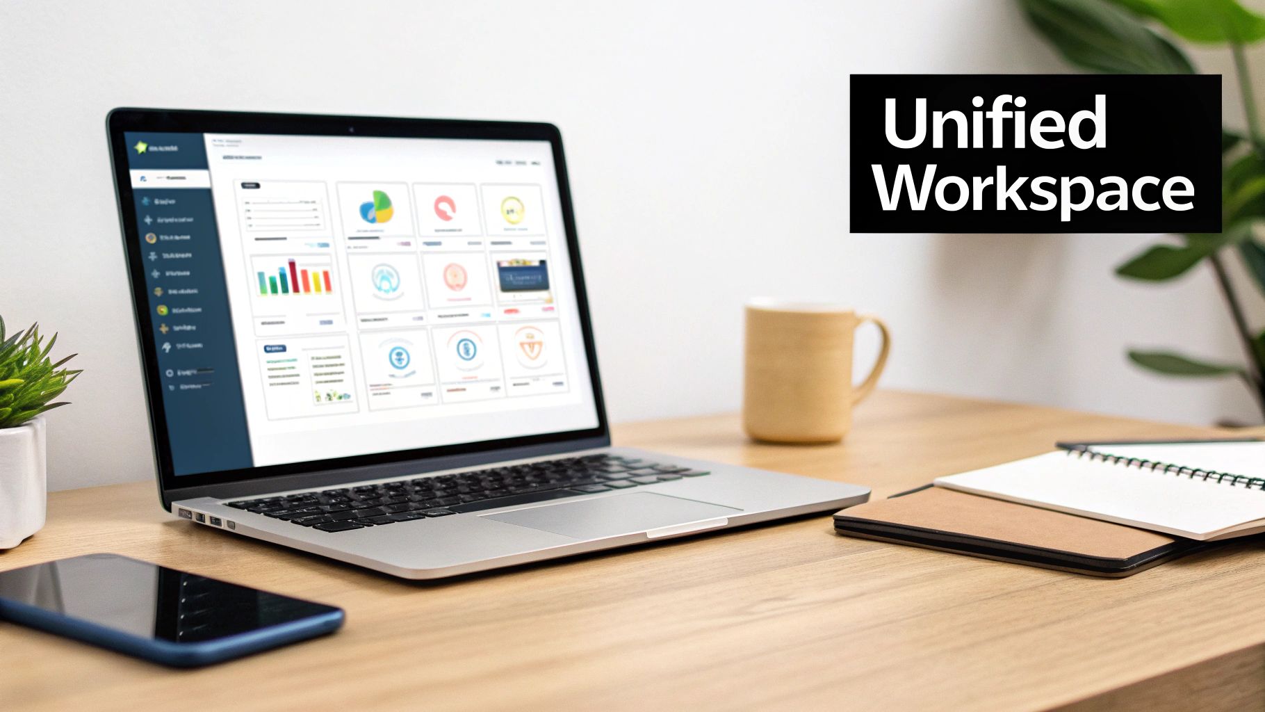 Laptop showing a unified workspace dashboard with charts, a phone, mug, and notebooks on a desk.