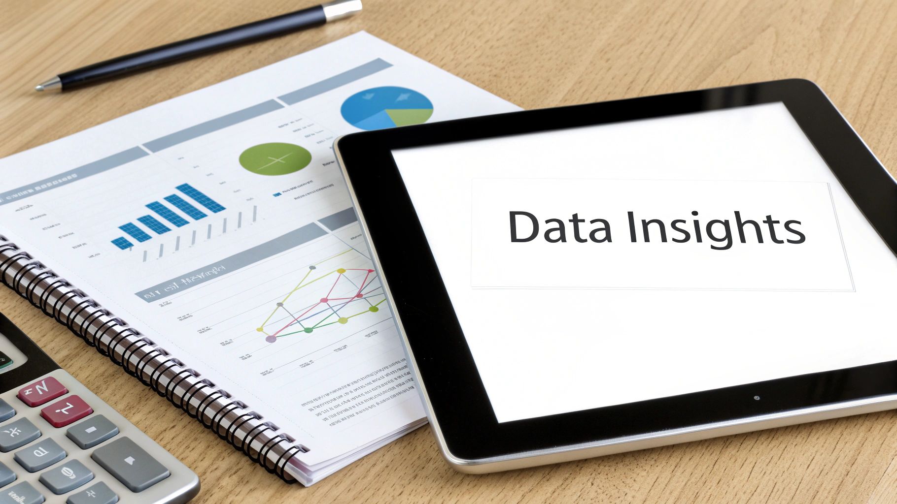 A tablet displaying 'Data Insights' alongside a notebook with charts and graphs, a pen, and a calculator on a wooden desk.