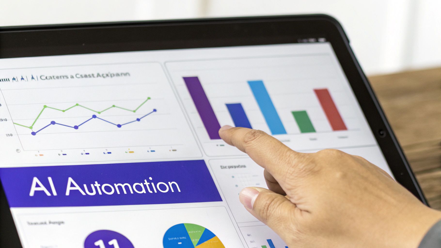 A hand interacts with a tablet showing data analytics charts, graphs, and 'AI Automation' dashboard.