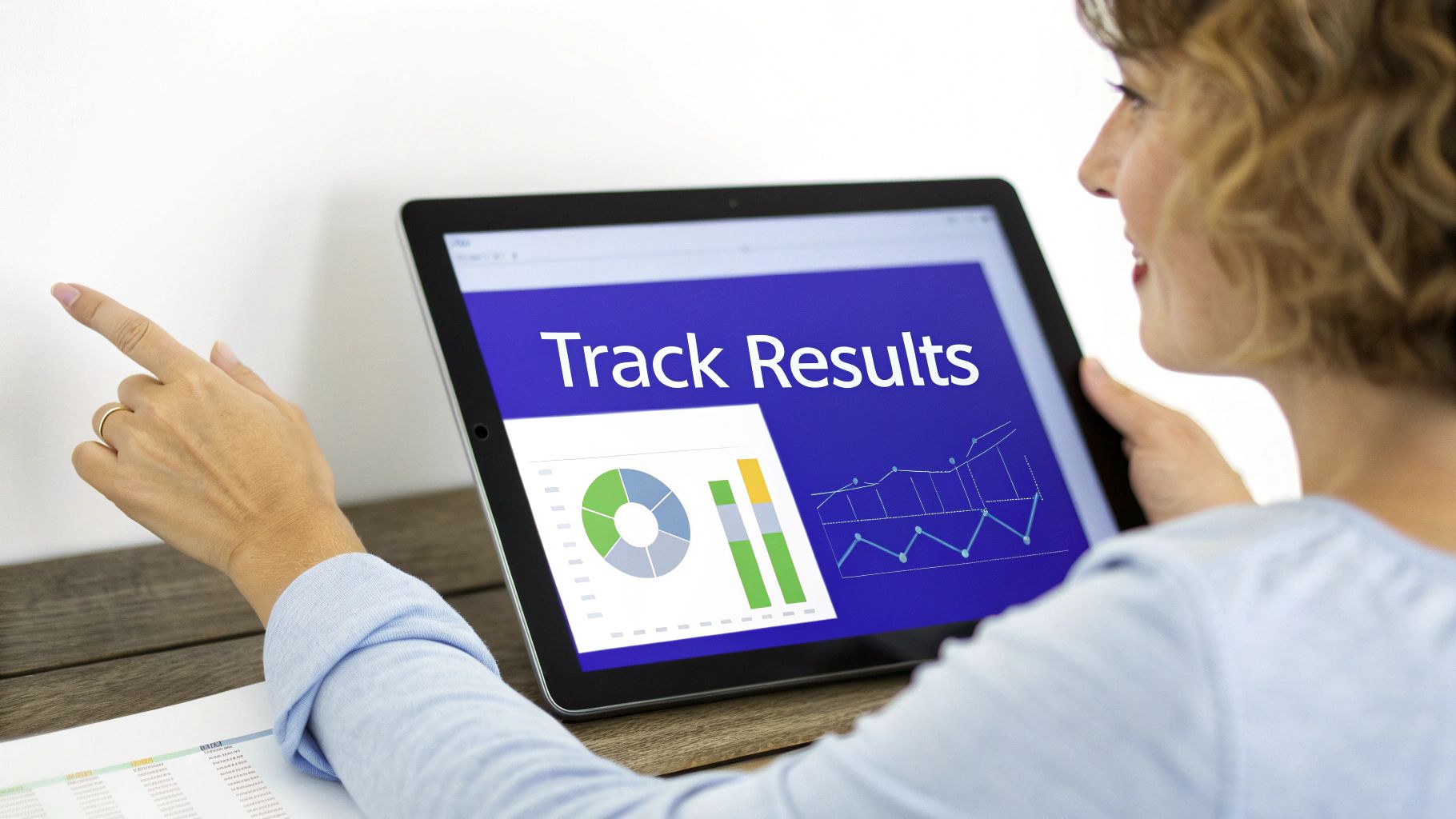 Woman reviews data on a tablet, showing "Track Results" and various analytical charts.