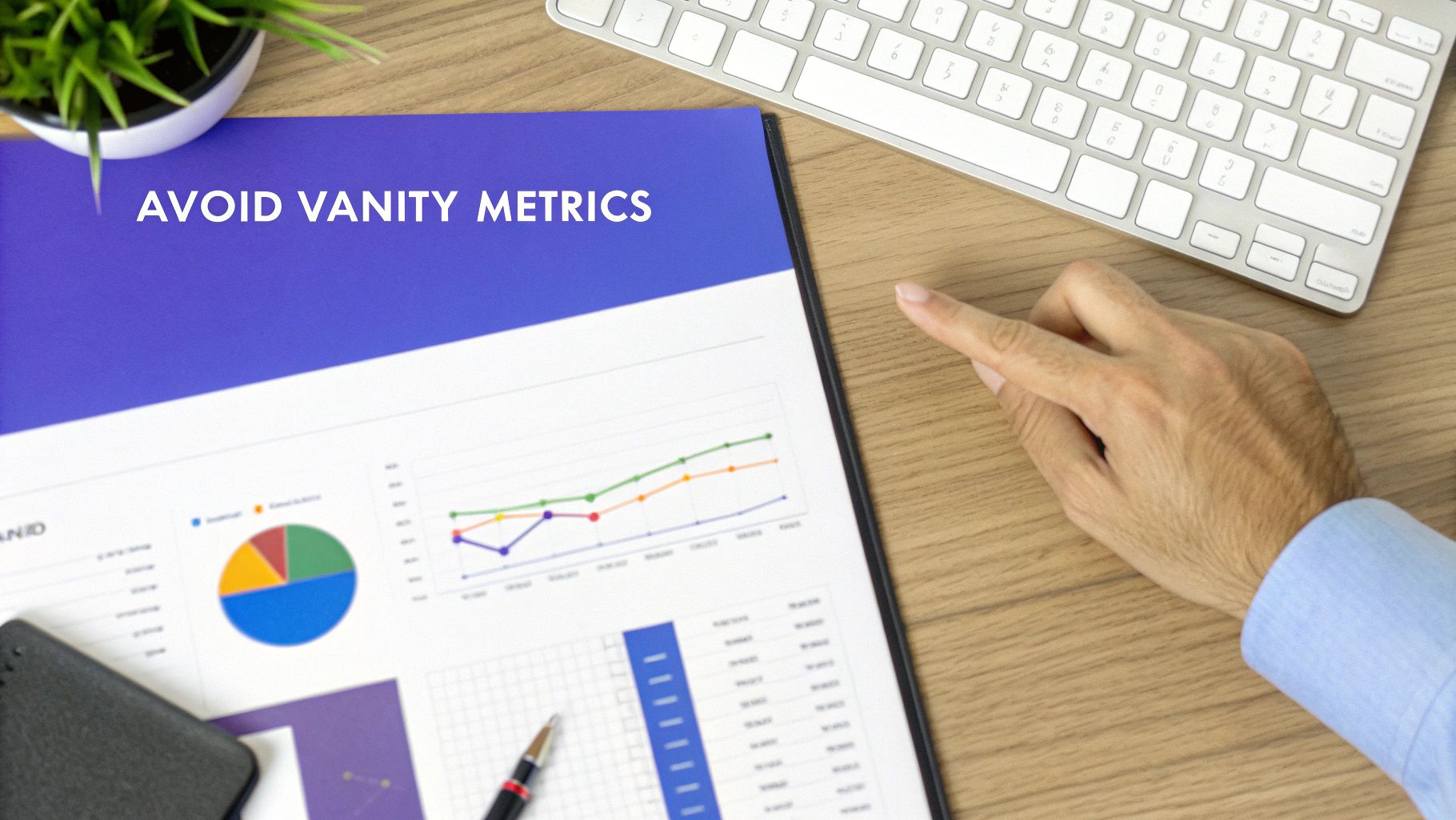 A hand points to a business report titled 'AVOID VANITY METRICS' with graphs and charts.