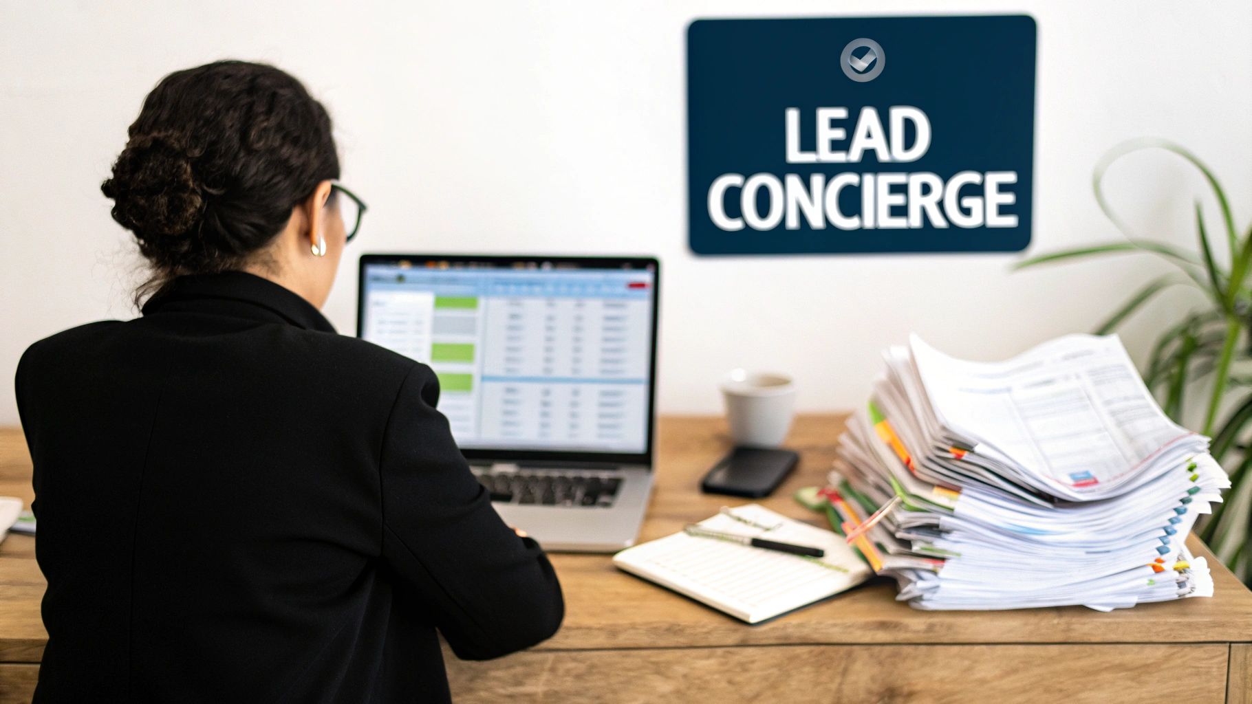 A person from behind works on a laptop at a desk with a 'Lead Concierge' sign, papers, and coffee.