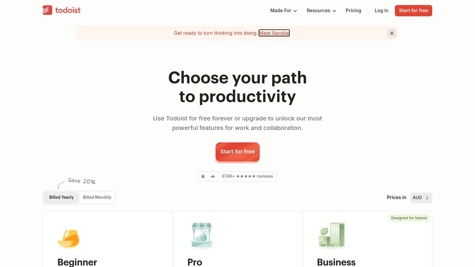 Todoist’s pricing plans, highlighting the free tier and paid Pro and Business options