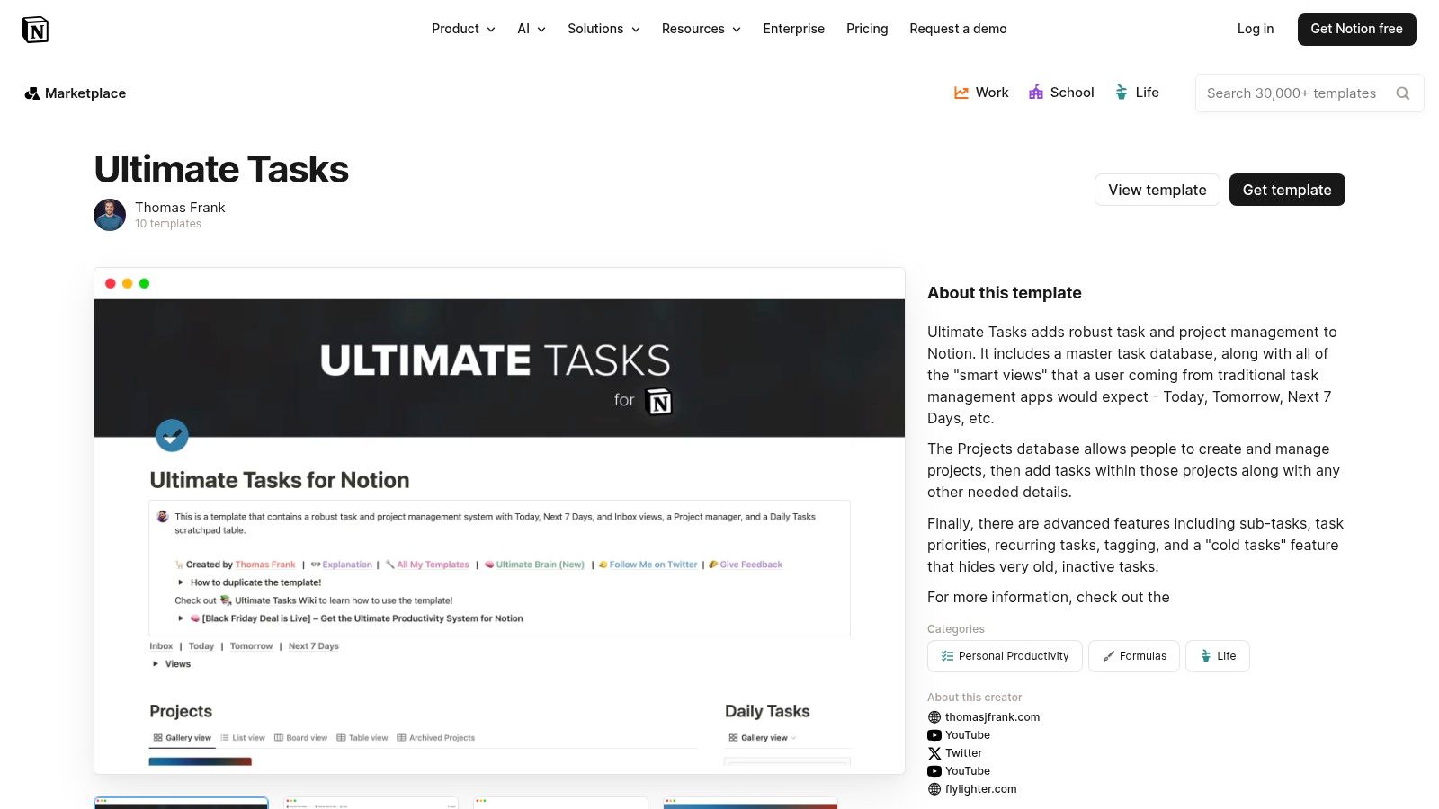 Notion (Official Template Marketplace) - Ultimate Tasks by Thomas Frank