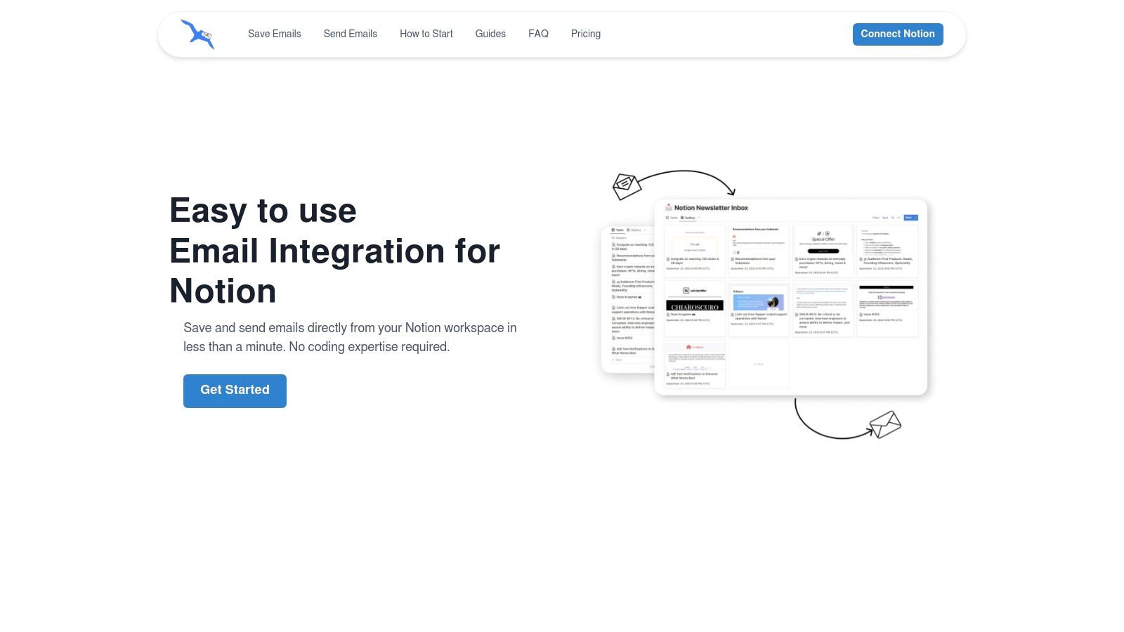 A project tracker in Notion showing tasks, statuses, and integrated email conversations managed by NotionSender.