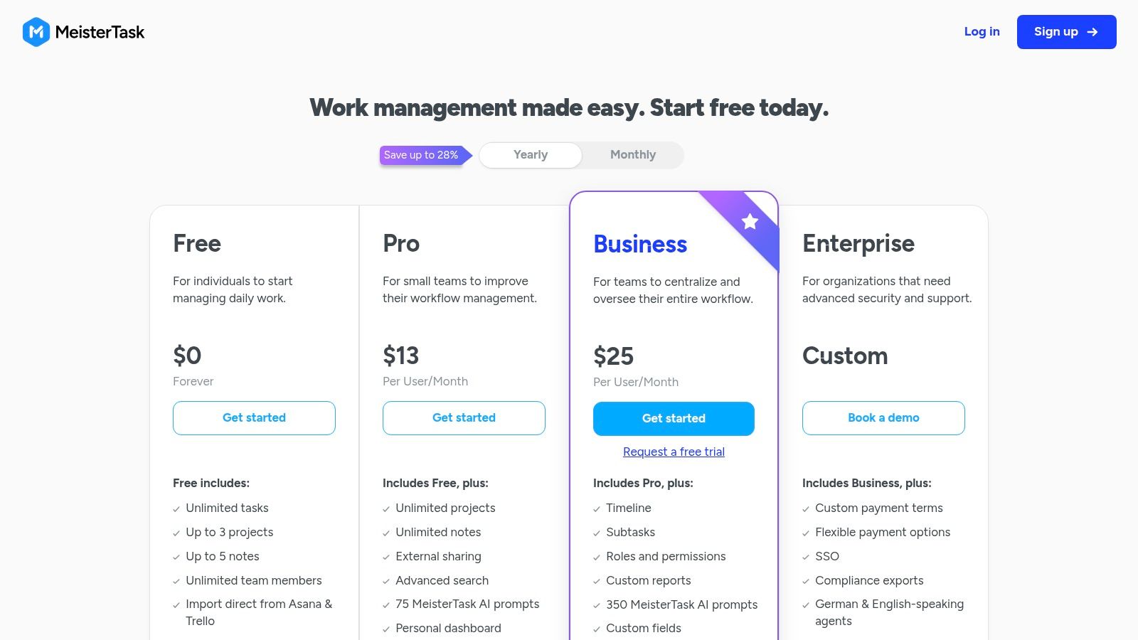 MeisterTask pricing plans showing a free tier for individuals and paid plans for teams